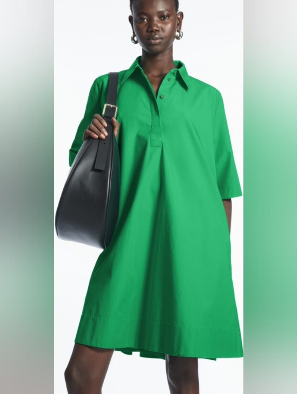 COS Short Sleeve Green Cotton Poplin Trapeze Swing Shirt Mini Dress 2